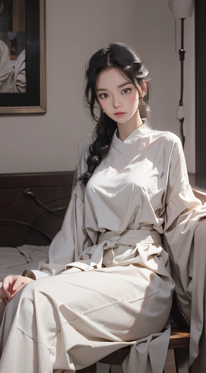 (highres,best quality:1.2),mature female,sitting on bed,nightgown,wet,dim lighting,luxurious bedroom,soft velvet texture,dreamy ambiance,subtle shadows,calm expression,gentle pose,dark color scheme,reflections on the floor,wistful atmosphere,comfortable surroundings,faint glow from a bedside lamp