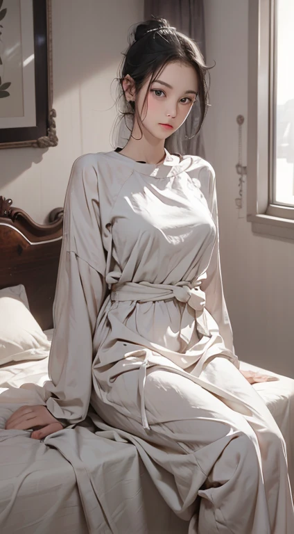 (highres,best quality:1.2),mature female,sitting on bed,nightgown,wet,dim lighting,luxurious bedroom,soft velvet texture,dreamy ambiance,subtle shadows,calm expression,gentle pose,dark color scheme,reflections on the floor,wistful atmosphere,comfortable surroundings,faint glow from a bedside lamp