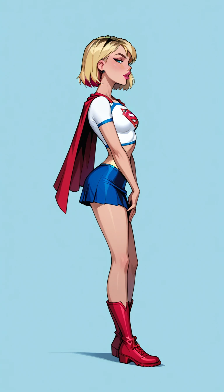 score_9, score_8_up, score_7_up, dcaustyle, 1girl, (short hair Gwen Stacy, blonde, colorful highlights, wearing Supergirl costume, tight white tshirt, short sleeves, midriff, Supergirl emblem, blue skirt, tight skirt, short skirt, red cape, short cape, red boots:1.3) flirt, gaze, sexy look, half-closed eyes, head tilt, filled lips, thick lips, makeup, side view, bent over, sexy pose, (full body in view) expressiveh d4rk01l, perfect hands, perfect proportions, simple background.