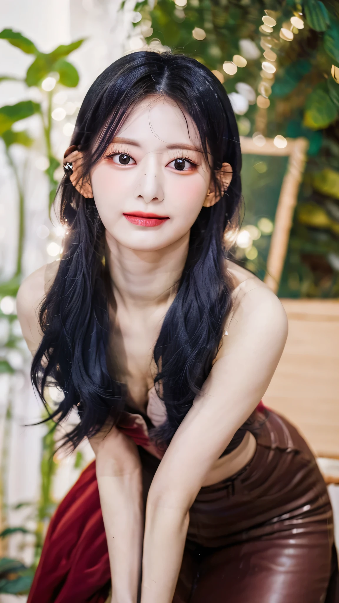 (8k、RAW Photos、Highest quality、masterpiece:1.2)、((Very flat chest、topless、Night view:1.6))、((Red dress、A long dress、Shiny Dress:1.3))、((skinny、smile:1.2))、(Realistic、Realistic)、1 person、(cute)