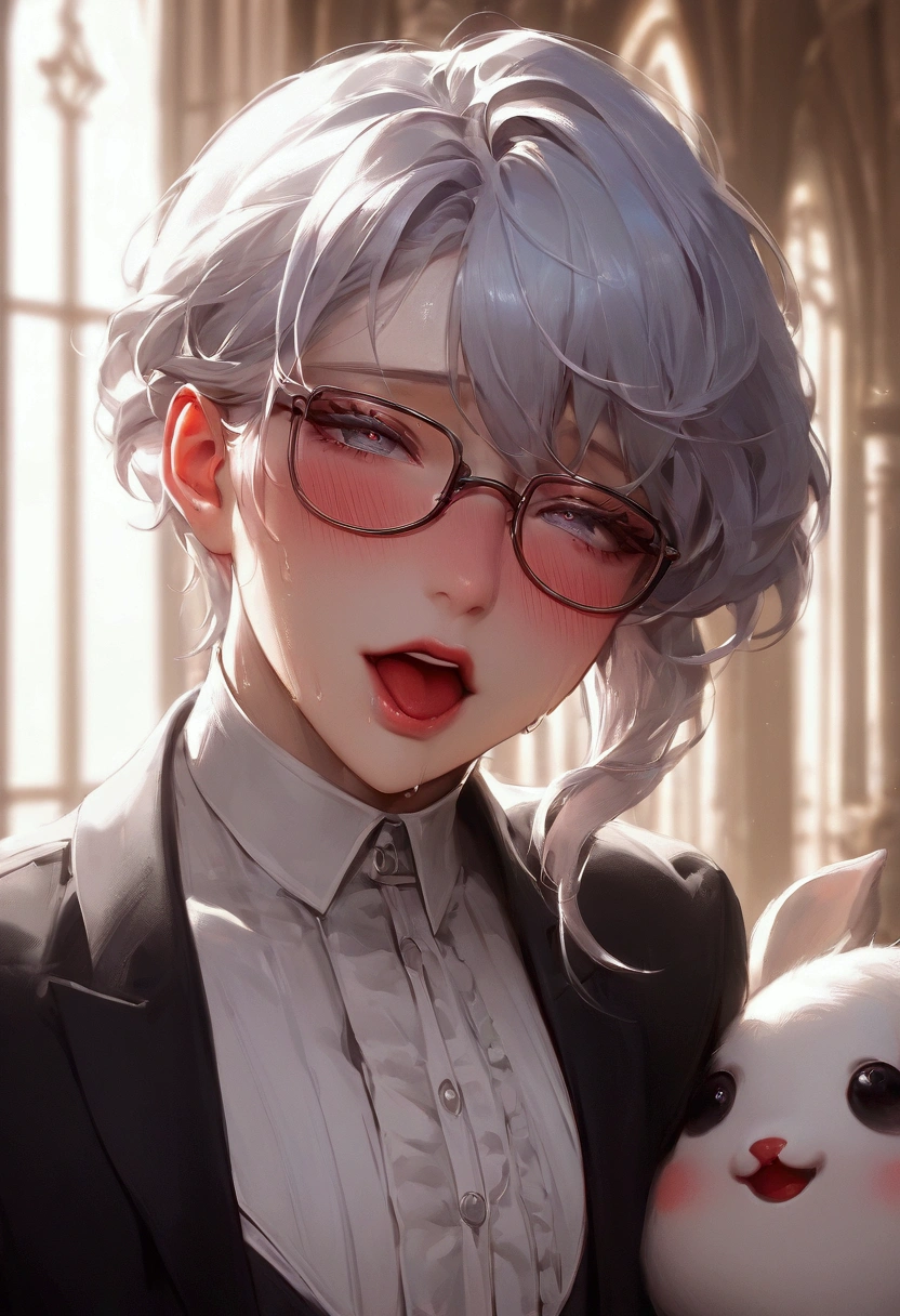 <lora:more_details:0.6>, <lora:projectile_cum_v0.2:0.6> girl with white hair wearing ((glasses)) standing beside bed giving ((cuddling handjob)) and rubbing nipple of man lying on bed, (projectile cum), <lora:unhorny_v01:1> , clothed female nude male, penis, looking at viewer, <lora:cuddling_handjob_v0.1b:1> <lora:running-makeup:0.4>, cum, cum on glasses, ((cum on face)), cum on nose, closed mouth, <lora:MyBreastHelper:1> (medium breasts)