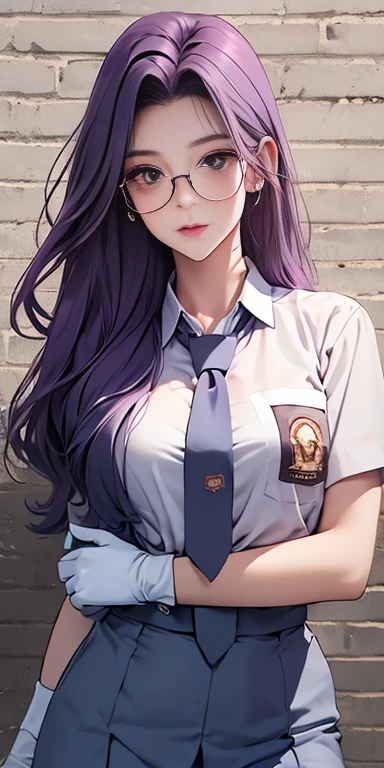 highest quality, masterpiece, high resolution,only {Black business suit:1.40} {tie:1.20} {sunglasses:1.25} {White gloves:1.15} { White shirt:1.10} {Black Skirt:1.15} good looking {Medusa_FGO:1.15} length_hair, purple_hair, very_length_hair, purple_eye, chest, big_chest, 1girl, solo, white background, brick wall backdrop, upper body, looking at viewer, bare arms, folded arms