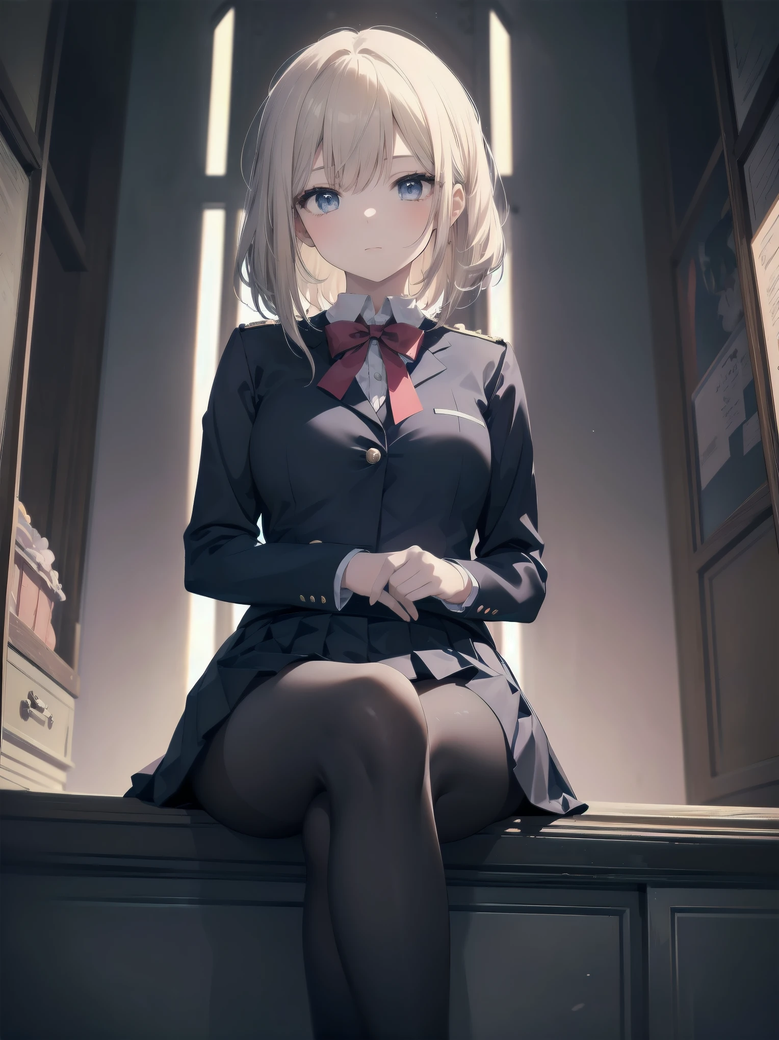 細部に至るまinの傑作、highest quality、realistic、1 girl、solo、12 years old、Looks about 5 years old、140cm beautiful girl、、5 year old baby face、Silky hair、Gradient bob in the forward、blue and purple mesh、big vertical eyes、Outstanding looks、cute 、proximity、closed_mouth、laughter、blush、恥ずかしさinいっぱい、blue bow tie、Branded uniforms、赤いblazer、blazer、pleated skirt、navy blue skirt、silk blouse、white blouse、feet、black tights、sit on top、classroom、hair_ornament、looking for_in_viewer、beiniful detailed eyes、realistic目、tights on、Not clear、professional effects、Not clear、enhanced elegance、Really ridiculous cuteness、cute