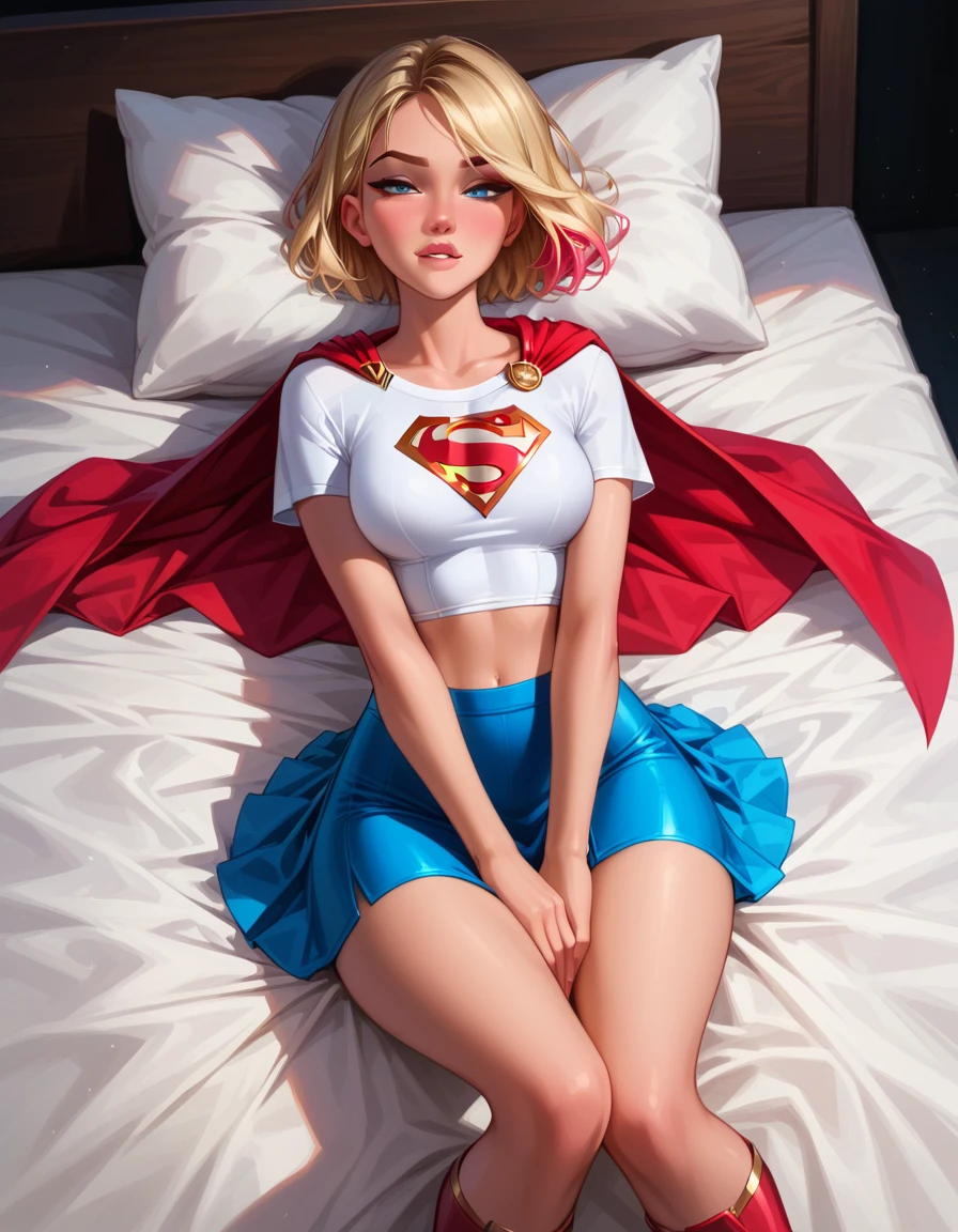 score_9, score_8_up, score_7_up, 1girl, (short hair Gwen Stacy, blonde, colorful highlights, wearing Supergirl costume, tight white tshirt, short sleeves, midriff, Supergirl emblem, blue skirt, tight skirt, short skirt, red cape, short cape, red boots:1.3) flirt, gaze, sexy look, half-closed eyes, head tilt, filled lips, thick lips, makeup, sexy pose, laying on her back on her luxurious bed, hands between legs, thighs squeezed together, biting lip, aroused, expressiveh d4rk01l, perfect hands, perfect proportions.