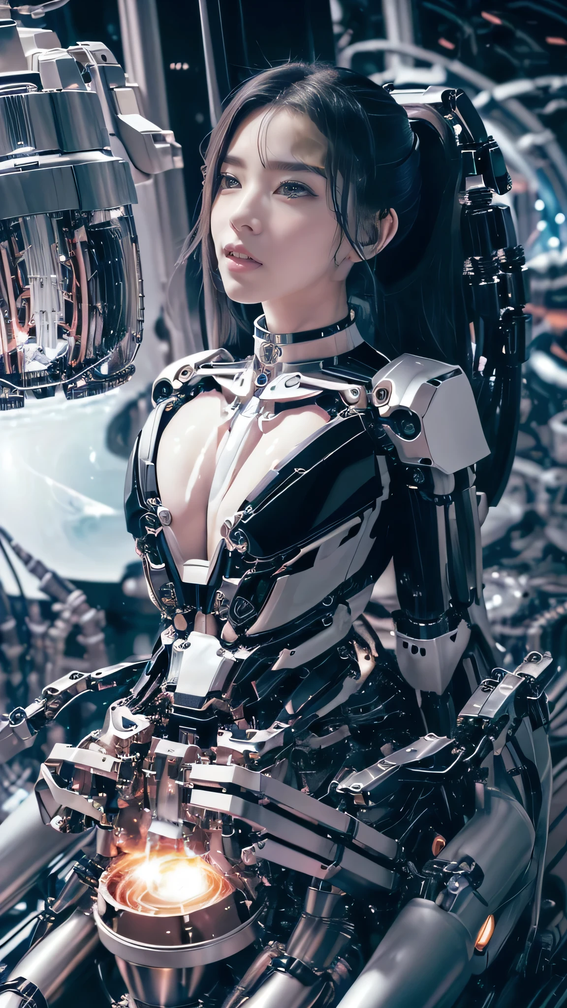 Beautiful Face,face is Japan, 1 Woman, Big, Curvaceous,(8k, RAW photo, top quality, masterpiece: 1.2)(Realistic, Photorealistic: 1.37) (Blood vessel attached to tube)((((Bikini Cyborg robot parts)))), (Light gray hair), Long hair, Wavy hair, Twin tails, Medium shot, ((Seductive smile) ), (Black Eyes), Hime Cut,From Below,(whole body),posing,,Inside the lab,( Blood vessel connected to a tube),((Mechanical vertebrae attached to the back)),((Mechanical neck attached to the neck)),(Wire and cable attached to the head and body),(Character Focus),Science Fiction,