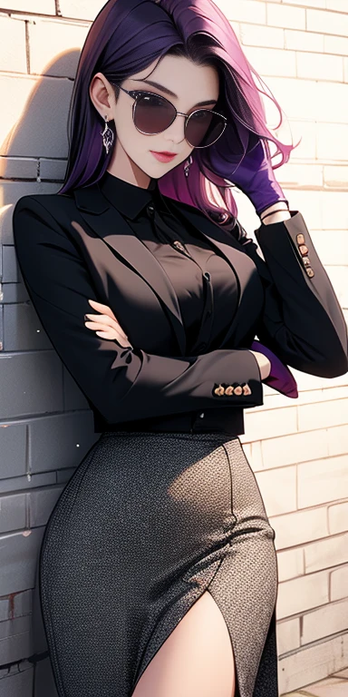 highest quality, masterpiece, high resolution,only {Black business suit:1.40} {tie:1.20} {sunglasses:1.25} {White gloves:1.15} { White shirt:1.10} {Black Skirt:1.15} good looking {Medusa_FGO:1.15} length_hair, purple_hair, very_length_hair, purple_eye, chest, big_chest, 1girl, solo, white background, brick wall backdrop, upper body, looking at viewer, bare arms, folded arms