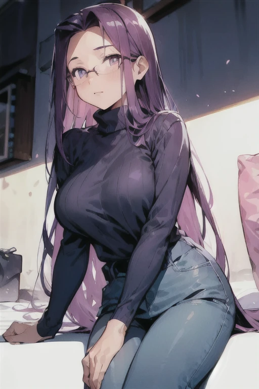 thick outlines, comics, photorealistic, masterpiece:1.2, 1girl, solo, small breast,  MedCas, glasses, purple eyes, very long hair, purple hair, turtleneck black sweater, blue jeans, detailed background, detailed face, detailed eyes, 