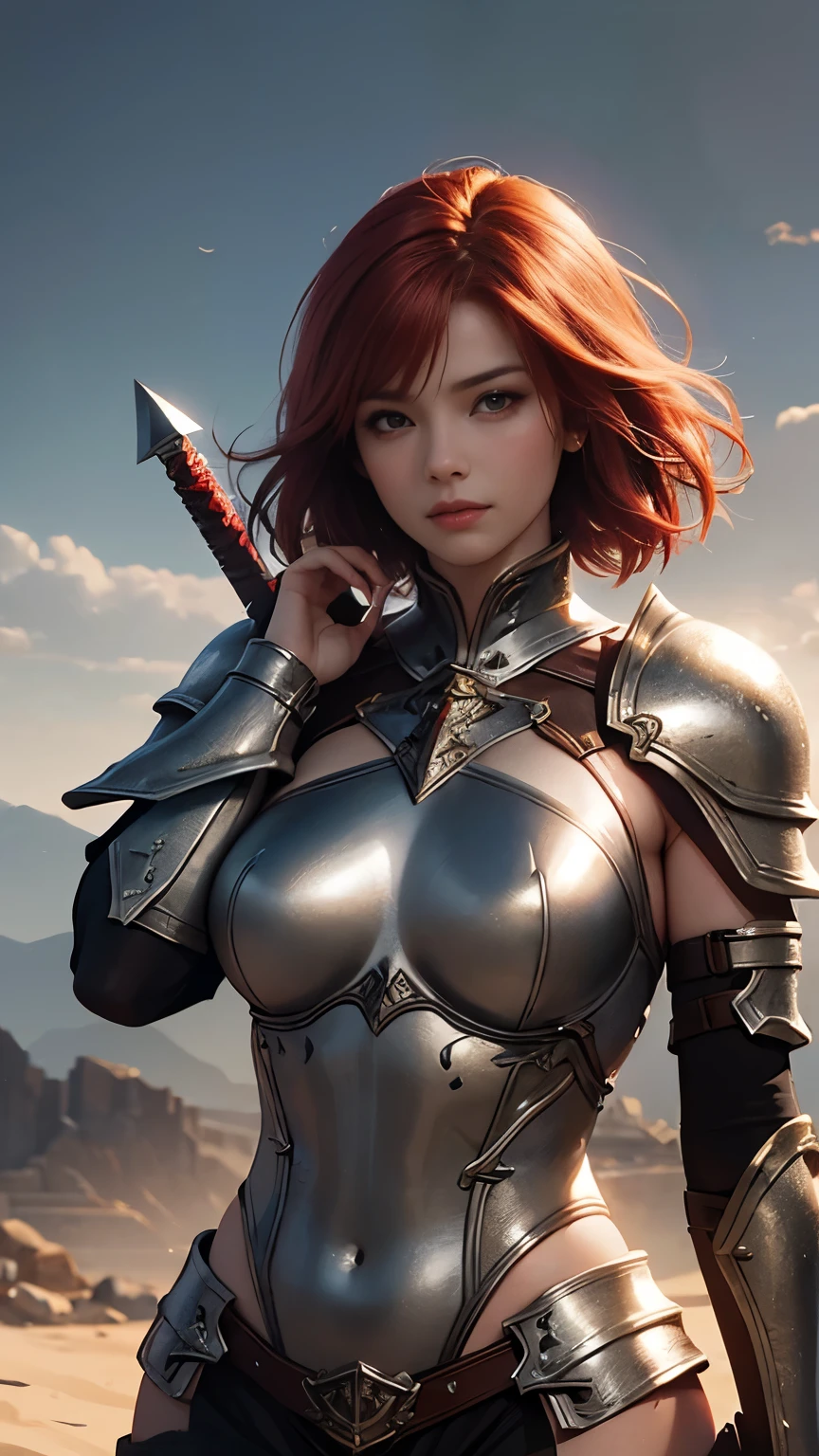 photorealistic, high resolution, soft light,1 women, solo, hips up, shining skin, (detailed face), majestic armor, short red hair, greatsword on her back