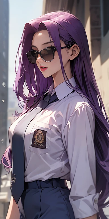 highest quality, masterpiece, high resolution,only {Black business suit:1.40} {tie:1.20} {sunglasses:1.25} {White gloves:1.15} { White shirt:1.10} {Black Skirt:1.15} good looking {Medusa_FGO:1.15} length_hair, purple_hair, very_length_hair, purple_eye, chest, big_chest