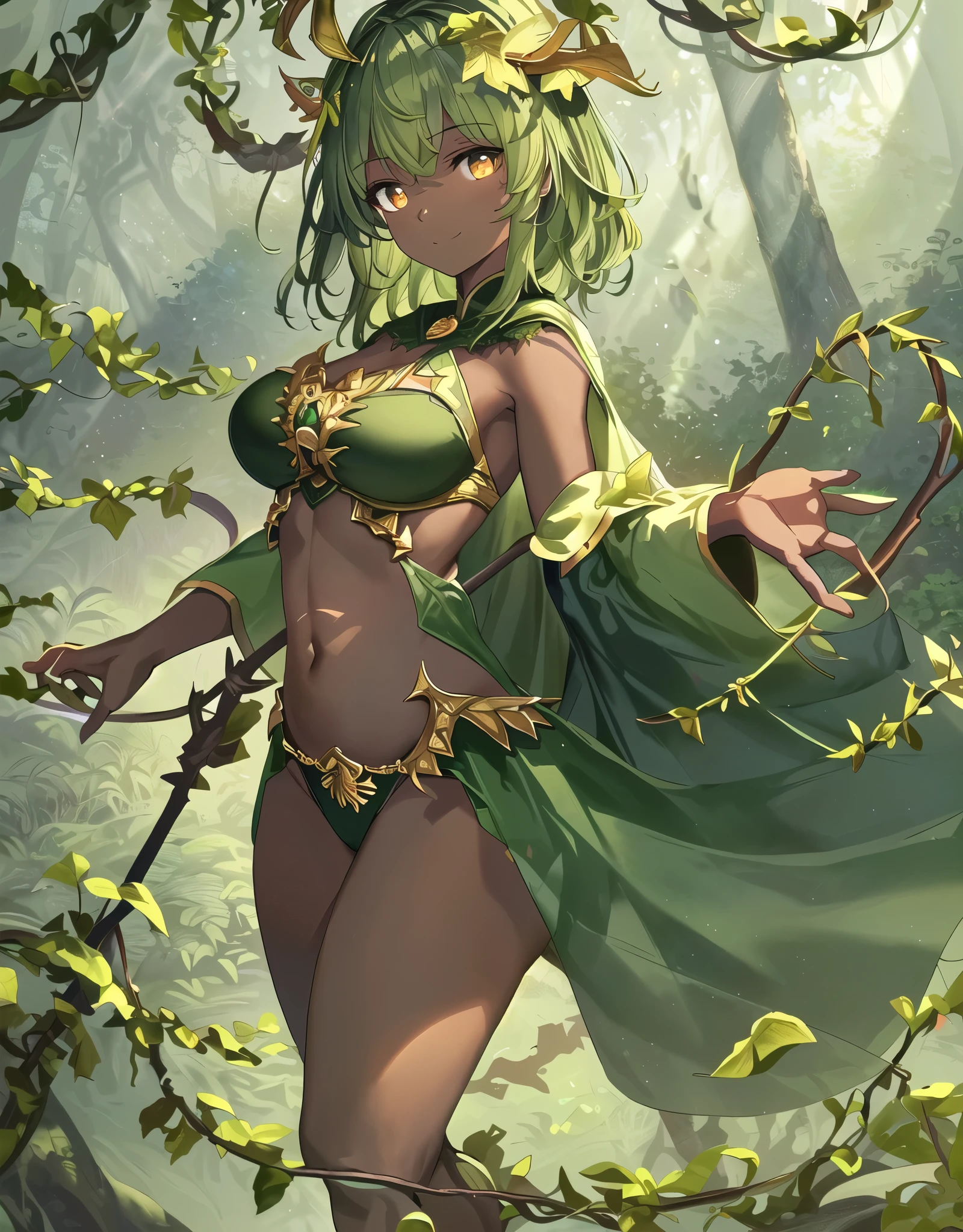 fantasy, 1forest_elemental_girl, fighting, (using_leaves_clothes, green_leaves_covered_breasts, leaves_covered_pussy)+++,medium_breasts,dynamic_pose_standing, light_smile, sleepy, medium_hair, navel,(dark_skin)+, oil, (winding_vine_around_torso)++, plump,forest, trees_background, leaves_headgear, green_leaves_cape, hold_large_long_staff, thighhighs,