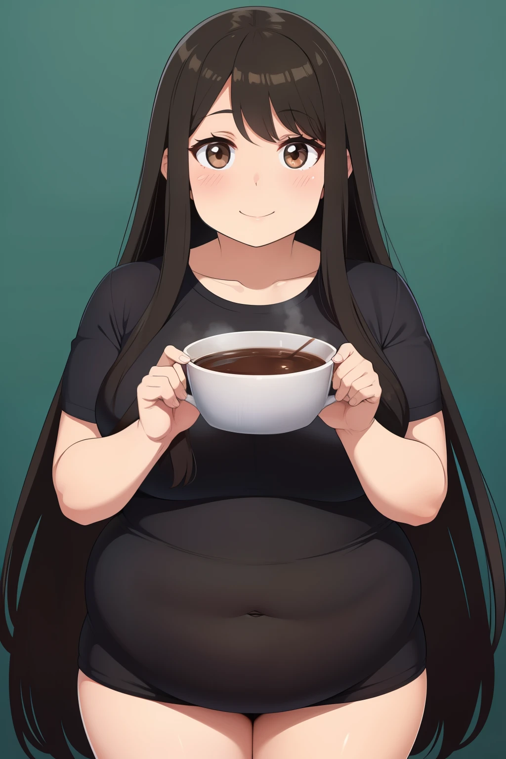 Chubby 2 big black hair brown eyes happy long hair and smile blushing deredere
