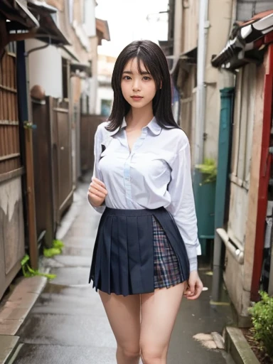 Student Uniform,((())),No makeup,High resolution,Professional photography,High resolution,Small breasts,,slim, (((Dark back alley))), (壁に寄りかかって座りSexy pose), Please open your legs and show me your underwear, ((Her skirt is rolled up)), Open your shirt and show me your bra, Bra and panty set in the same color, Realistic panties, Realistic Bra, ((Sexy pose))