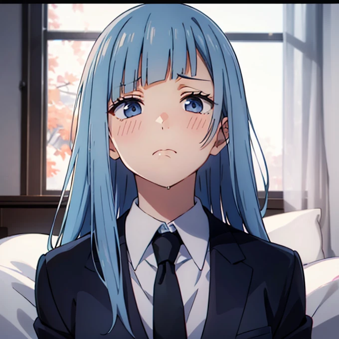 ((Miwa Kasumi 1.3)),Long legs,One Girl, Blue Hair, tie, Long Hair,black tie, blue eyes, shirt, Upper Body, bangs, jacket, white shirt, formal, collared shirt, Mouth closed, suit, blunt bangs, School uniform,Open your mouth,(Blushed),(extremely detail),((8k)),cute,Cute expression,((deep detail eyes:1.4)),(no pupils:1.1),(looking up:1.1),(looking at viewer),(Tilt your head:1.1),((Waking up:1.4)),(Sleepy face:1.3),((Drooling:1.1)),((A confused face:1.1)),(sleepy:1.1),(Dazed face)