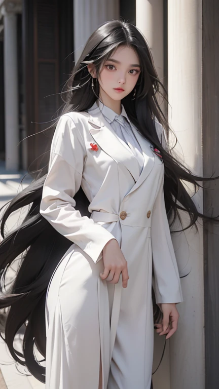 woman, (สาวสวยTwo meter long hair, My hair is very long., extra long hair, long black hair), (suitสไตล์อิตาลี, suitสองปุ่ม), (Italian suit, white suit, Set of two buttons), (ใส่สูทwoman, Business woman'suit, white), (suitwomanwhite), (เสื้อเชิ้ตwhite), necktie, (necktieสั้นสีดำ, necktieสีดำ, necktieผอม, ถักnecktie), (military rank insignia), (Short pencil skirtwhite), (Dynamic posts), full body, (A gigantic rift), (big breasts, thin body, small waist, hips raised, small thighs, Long legs), high-heelsสีดำ, (Short pencil skirt, white), Wearing a suit for a business woman, (Wearing a white businessuit, สูทนักธุรกิจหญิงwhite), (tight, military regalia, เสื้อwhite, กระโปรงwhite), (black shoes), (Two gold suit buttons, Two meter long hair, suitเข้ารูป, เสื้อสูทwhiteทรงธรรมดารัดรูป), (black shoes, high-heels), (stand, walk, elegant posture, Dynamic posts), short dress, earring, garden, monument