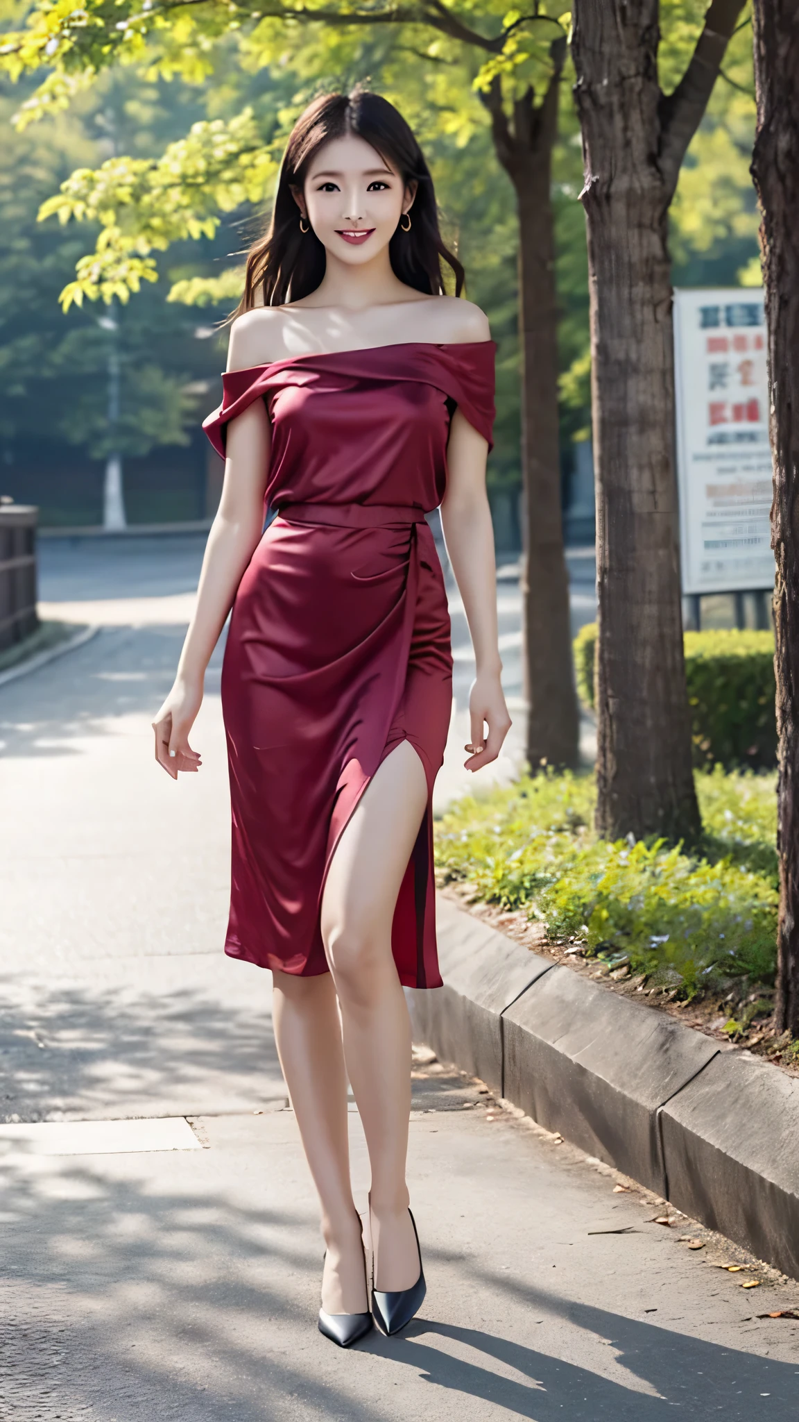 Tzuyu 1, woman, (Realistic), (Hyperrealism), (photoRealistic), Written boundary depth, eye make up:0.7 (whole body:1.8), (Large Bust),(Tight waist), Observe the audience,At the flower garden, Fashion Model, Sexy red dress with open shoulders and neckline