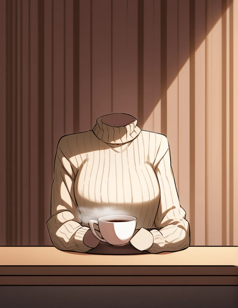 "An illustration of a person sitting at a café table with a steaming cup of coffee. The person is wearing a fitted turtleneck sweater, and they have an exaggerated,very large chest. The head is missing, creating an unusual and surreal appearance. The background is softly lit with natural light coming through a window with horizontal blinds, and the overall color palette is warm and soft, evoking a calm and relaxed atmosphere."