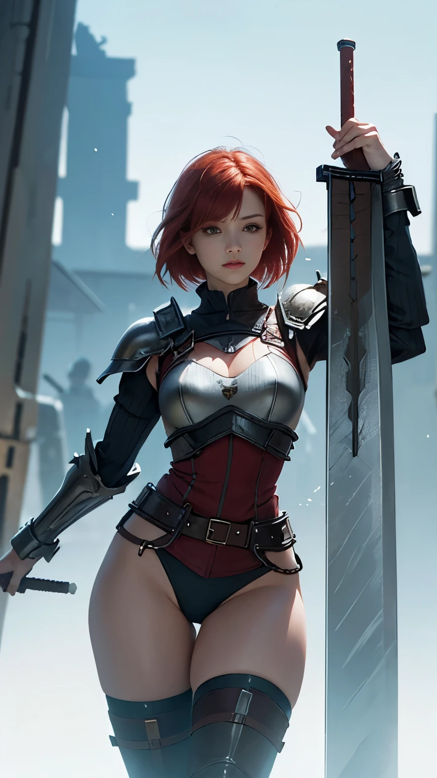 photorealistic, high resolution, soft light,1 women, solo, hips up, shining skin, (detailed face), majestic armor, short red hair, ready her buster sword