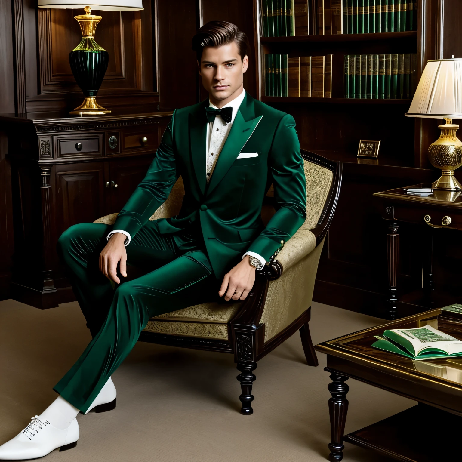 full length photo, of a beautiful andogynous prince in a emerald-green and black brocarde shiny suit, white shirt, looking perverse, brown preppy fine haircut, marvelous emerald green eyes, preppy undercut haircut, huge lips, dapper elegant black shoes, fine sheer white lace socks, lots of gold and emerald rings, necklaces, bracelets, sprawled on ancient comfortable armchair in ancient library, in ancient bretonnish manor, drinking whisky, arrogantly looking at us. 