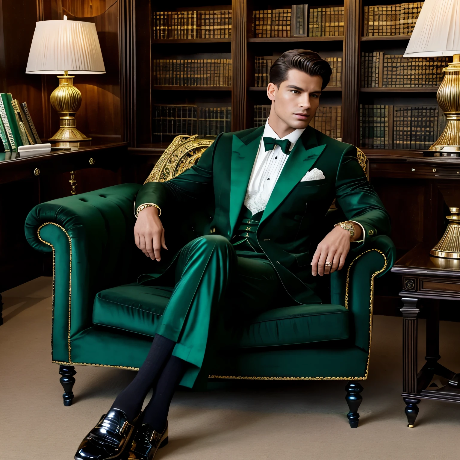 full length photo, of a beautiful andogynous prince in a emerald-green and black brocarde shiny suit, white shirt, looking perverse, brown preppy fine haircut, marvelous emerald green eyes, preppy undercut haircut, huge lips, dapper elegant black shoes, fine sheer white lace socks, lots of gold and emerald rings, necklaces, bracelets, sprawled on ancient comfortable armchair in ancient library, in ancient bretonnish manor, drinking whisky, arrogantly looking at us. 