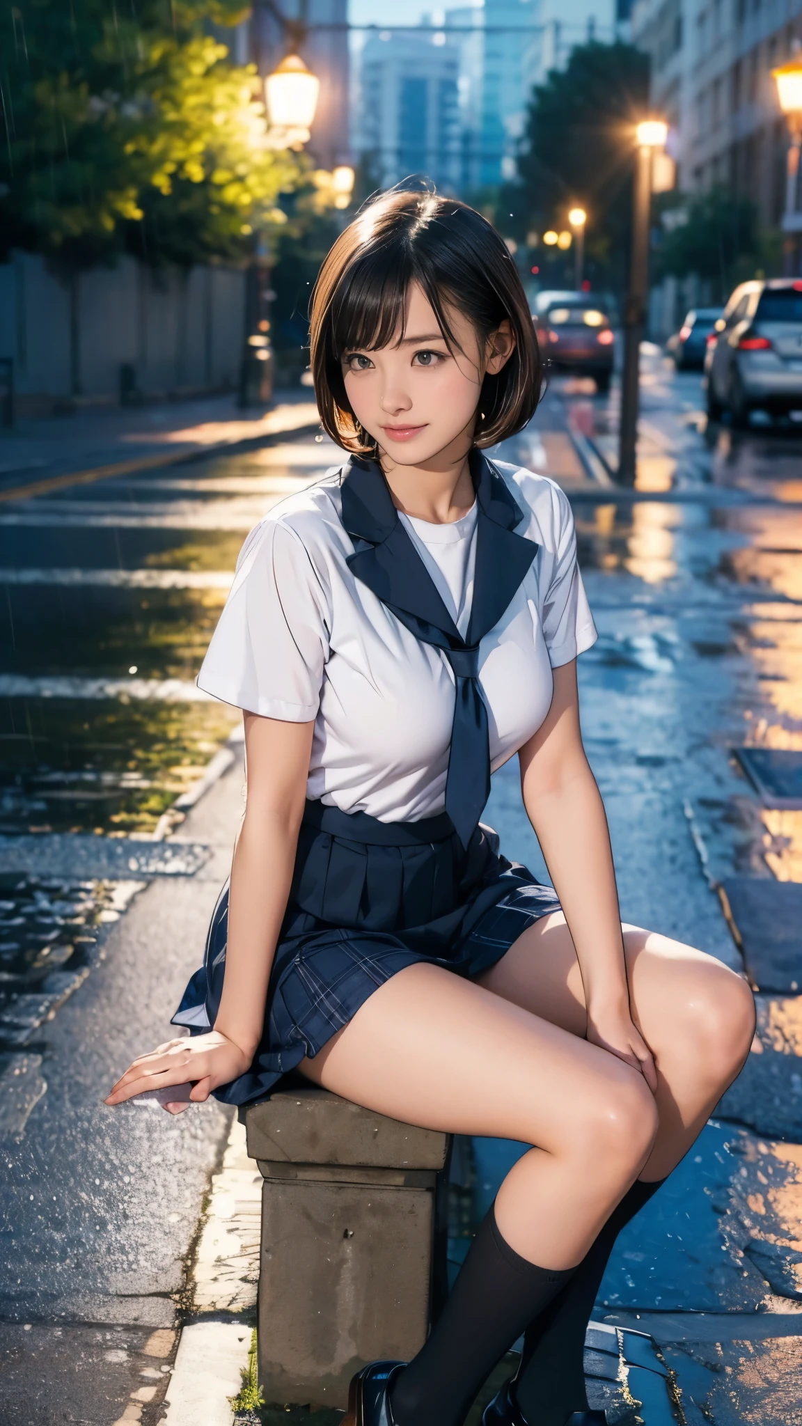 ultra highres,(reality: 1.4),highest quality, masterpiece, high detail, 16K quality, beautiful, 1 beautiful girl,japanese,super beautiful face,baby face,japanese idol face,cute face,super detailed face,detailed hand,beautiful skin,sweaty skin,big eyes,smile,profeccional lighting,short hair, black hair,brown beautiful eyes, white shirt,open shirt,bare breasts,checked skirt,(skirt lift),sittinng with knee up,(((show off pussy))),detailed pussy,(spread legs),medium breasts,black high socks,she is looking at the camera,skyscraper looftop,blue sky,nsfw,from below,