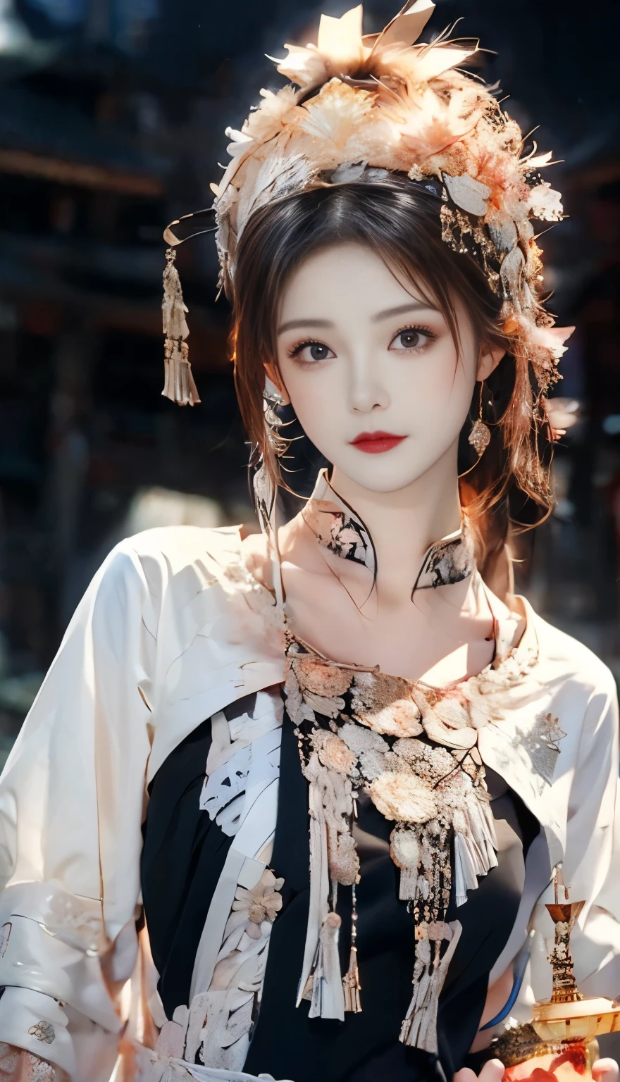 8K，Best quality，masterpiece：1.2），Ultra-high-definition details，Natural Light（（No lighting），Best quality，Ultra-high resolution，Stunning visuals，（1 girl：1.1），（Miao clothing、Headdress），Real human skin，((Random face angles)),（Perfect body 1.3）Super delicate face。((Girl holding a silver chalice))，(((Dark Photography，Dark，darkroom，LED complete graphic design))) National House，Grassland night scene