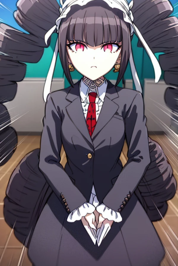 celestialudenberg, , Long Hair, bangs, Black Hair, (Red eyes:1.3), Long sleeve, Twin tails, Drill Hair, Twin Drill,
break skirt, shirt, Black Hair, Long sleeve, jewelry, jacket, Earrings, Frills, tie, Black Skirt, black jacket, red tie, bonnet, print tie,
break outdoors, classroom,
break looking at viewer, (Cowboy Shot:1.5),
break (masterpiece:1.2), Best Quality, High resolution, Unity 8K Wallpaper, (Illustration:0.8), (Beautiful detailed eyes:1.6), Highly detailed face, Perfect lighting, Highly detailed CG, (Perfect hands, Perfect Anatomy),