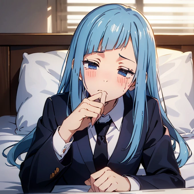 ((Miwa Kasumi 1.3)),Long legs,One Girl, Blue Hair, tie, Long Hair,black tie, blue eyes, shirt, Upper Body, bangs, jacket, white shirt, formal, collared shirt, Mouth closed, suit, blunt bangs, School uniform,Open your mouth,(Blushed),(extremely detail),cute,((deep detail eyes:1.2)),(no pupils:1.1),(looking up:1.1),(Tilt your head:1.1),((Waking up:1.4)),((Sleepy face:1.3)),(Drooling),((A confused face:1.3)),(sleepy:1.4),((Dazed face:1.3)),((Drunk eyes:1.4)),(Messy Hair),(((Dozing off:1.3)))