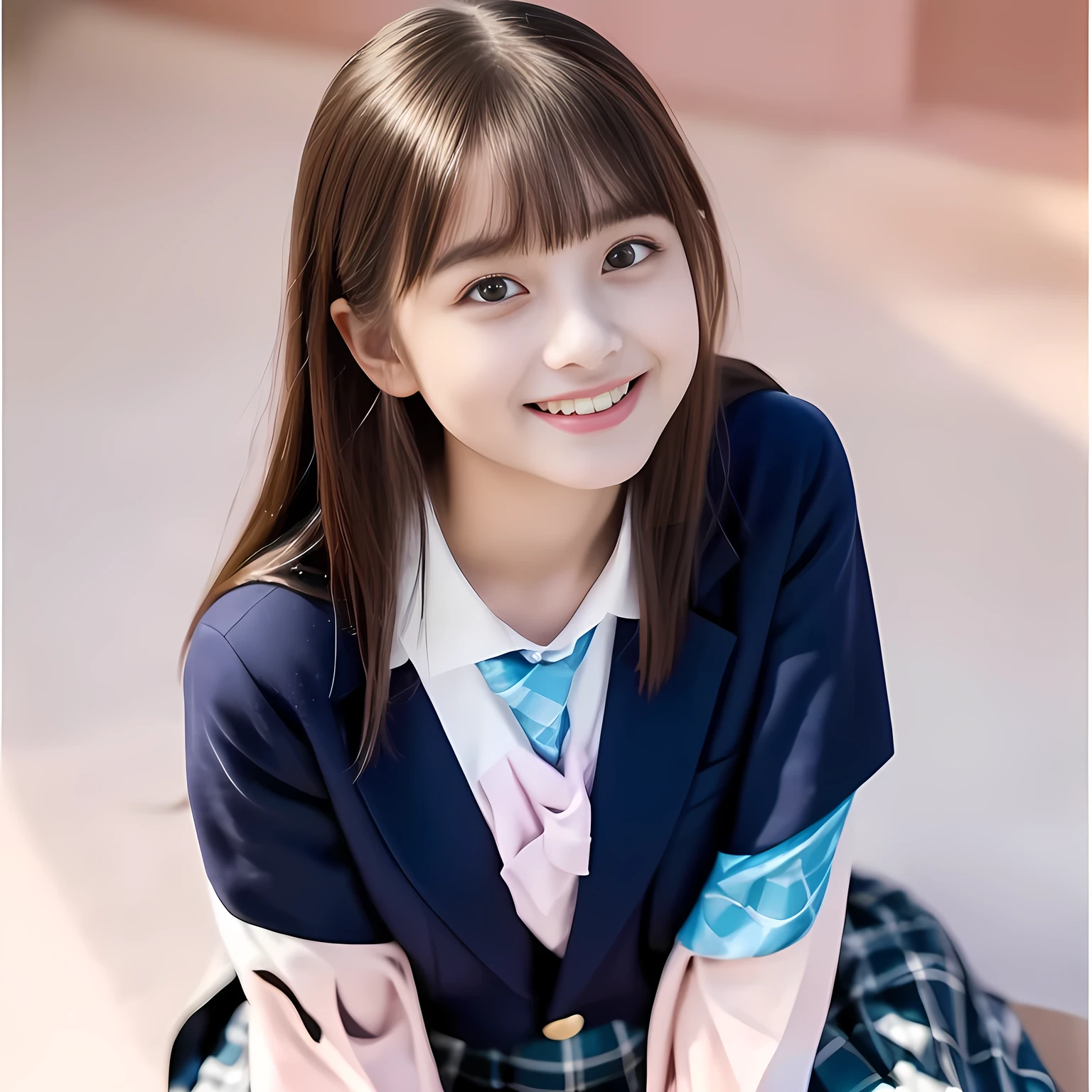 (Highest quality, masterpiece:1.2), Highest quality, High resolution, 1080P, 8k, height: 158cm, (Noble, Japanese **** mysterious hypnotist is seated on a pink flat floor and smiling directly at me in school uniform, Looking up at me deeply, Hypnotizing me: 1.8), looking me, well-grown breast and plump body, (well arranged, balanced, neat glossy straight very long hair), (Half-closed, Looking up to me, Very sleepy, Double-deep-eyelids, completely balanced, brown large large dreaming Japanese **** eyes with detailed beautifully: 1.6), (Glossy lips: 1.8), (high nose), (Drives me crazy for her navy-colored neat tartan checkered blue skirts and make me fall into her navy-colored plaid-print pleats skirt: 1.4), (Fine white face that looks like she has never been out of home: 1.6), (Navy colored school uniform blazer: 1.6), (Navy pleated plaid skirt: 1.5), (Plain-red school ribbon on the breast), (Complete plain pink background: 1.8), (Girl whom everyone loves because of her beauty and neat school fashion and noble manner and magic-charm of succubus: 1.7), full body shot, (jolly face expression), (evenly cut curled glossy rich beautiful bangs: 1.6), White light hitting my face, (Very very large, dreamy, Adorable eyes, Looking deeply at me: 1.5), 