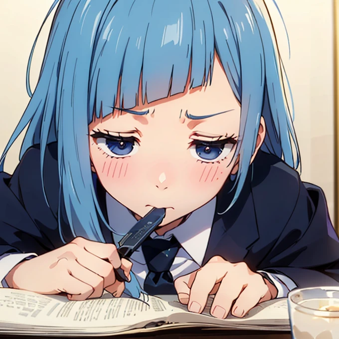 ((Miwa Kasumi 1.3)),Long legs,One Girl, Blue Hair, tie, Long Hair,black tie, blue eyes, shirt, Upper Body, bangs, jacket, white shirt, formal, collared shirt, Mouth closed, suit, blunt bangs, School uniform,Open your mouth,(Blushed),(extremely detail),cute,((deep detail eyes:1.2)),(no pupils:1.1),(looking up:1.1),(Tilt your head:1.1),((Waking up:1.4)),((Sleepy face:1.3)),Drooling,((A confused face:1.3)),(sleepy:1.4),((Dazed face:1.3)),((Drunk eyes:1.4)),(Messy Hair),(((Dozing off:1.3)))