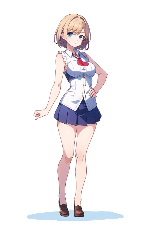 (stand posture), cute eyes, adult woman, uniform, skirt, solo, ((white background)), (full body), cleavage,