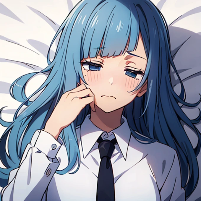 ((Miwa Kasumi 1.3)),Long legs,One Girl, Blue Hair, tie, Long Hair,black tie, blue eyes, shirt, Upper Body, bangs, jacket, white shirt, formal, collared shirt, Mouth closed, suit, blunt bangs, School uniform,Open your mouth,(Blushed),(extremely detail),cute,((deep detail eyes:1.2)),(no pupils:1.1),(looking up:1.1),(Tilt your head:1.1),((Waking up:1.4)),((Sleepy face:1.3)),Drooling,((A confused face:1.3)),(sleepy:1.4),((Dazed face:1.3)),((Drunk eyes:1.4)),(Messy Hair:1.1),(((Dozing off:1.3)))