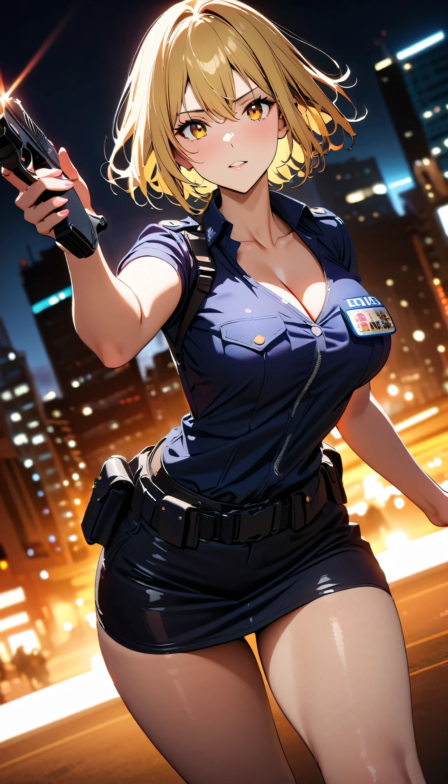 (high quality, 8k, 4k, high contrast, masterpiece:1.2, best quality, best aesthetics), (dynamic angle), Sexy female police officer, Detailed face and body, Beautiful breasts, confident look, (yellow hair, short hair), Shiny black uniform, Tactical belt with equipment, Glossy Badges and Name Tags, Carrying a small handgun, Standing in a dynamic pose, dutch angle, Flashing police car lights against cityscape background, mini skirt, cleavage