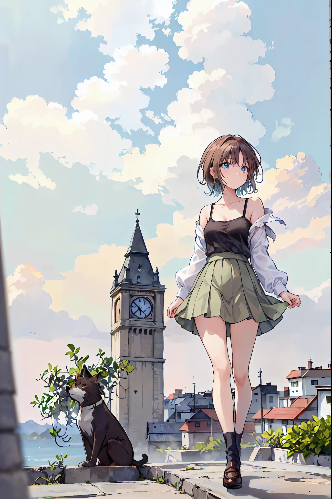 ((masterpiece)), (anime:1.5), ((Best Quality)), (RAW Photos:1.2), (High resolution:1.3), (Professional photography:1.2), (Chromatic Aberration), One Girl, (()), (Serious), (Beautiful brown eyes:1.3), View your audience, Plain Shirt, O-ring, Disheveled Hair, Medium Hair, (Put your hands in your pants), ((Take off your work pants)), 明るいBrown Hair, (Small breasts), Cute waist, Outdoor, ((Top of the big bell tower)),Brown Hair,Shortcuts,My hair is messy,Short braided hair,Neat,((Girly)),((Trendy clothes)),((Flared Skirt)),((Black camisole)),Slender beauty,hole々Positive Attitude,Small breasts,Beautiful legs,Her mesmerizing grey-blue eyes shine like stars...,Vibrant colors,Beautiful Eyes,A delicate smile,Textured skin,Best Qualityのものが最高,A kind and beautiful woman,anime風、