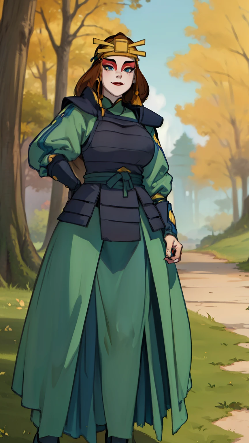 (masterpiece, best quality, high resolution: 1.4), 1 woman, front, tall woman, black armor, black breastplate, modest and modest, black boots, large green ankle-length skirt, hourglass shape, fully clothed, kind gesture, black gloves, green dress, (masterpiece), (best quality), (ultra high resolution), (features): 1.4) Detailed face, rocks, trees, plants, brown hair, blue eyes, kyoshi warrior, makeup , lipstick, golden headband, smile, look at viewer, masterpiece, best quality, high quality, extremely detailed CG unity 8k wallpaper, digital illustration, trends, pastel colors, perfect fingers, perfect full body, extremely detailed.