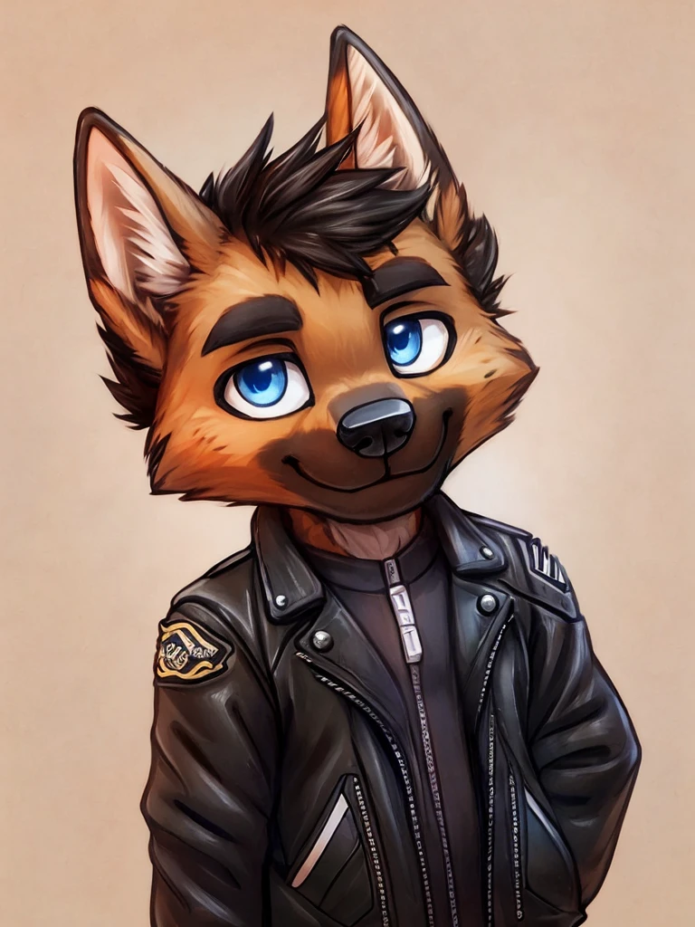 A medium close-up of an anthropomorphic, dark orangey brown, german shepherd, detailed, chibi style, short black hair, dark eyebrows, black motorcyclist jacket, chibi style, serious face, friendly, big black nose, closed smile, big blue eyes, standing up, looking down to you, closed smile, high quality furry art.