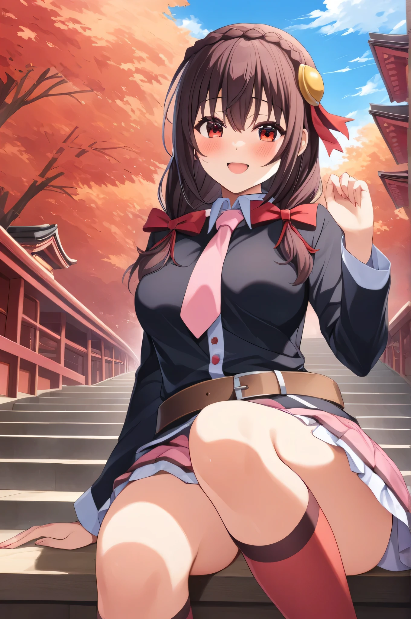 1 futanari, chizuru mizuhara, not nsfw, bulge, sitting on bench, big breasts, (happy, curious), emotions, in love, casual outfit and skirt which is hiding the penis, flaccid penis, looking at viewer, beautiful multi-colored sky, evening, stars