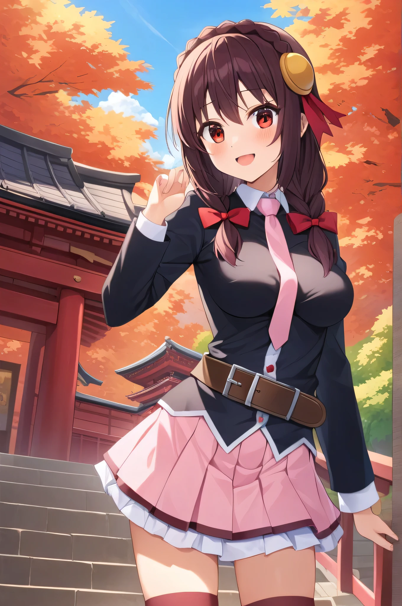 masterpiece,Best Quality, High resolution,One person, Yunyun、My name is Yunyun, Crown braids in the same color as your hair, Red eyes、Hair Accessories, Hair Ribbon, Pink tie, Black long sleeve, Pink Skirt, Knee socks, belt, Chest cut-out,Clevis、The chest is a little large、Happy smile、blush、Kiyomizu-dera Temple in Kyoto、autumn