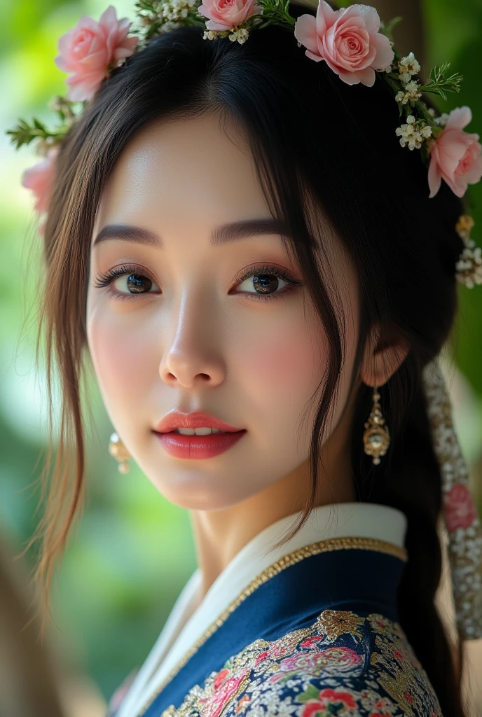 1girl, solo, thai traditional dress, detailed face, beautiful detailed eyes, beautiful detailed lips, extremely detailed eyes and face, long eyelashes, elegant pose, colorful dress with intricate patterns, flower crown, natural lighting, vibrant colors, photorealistic, 8k, hyper detailed, masterpiece, highly realistic, studio lighting