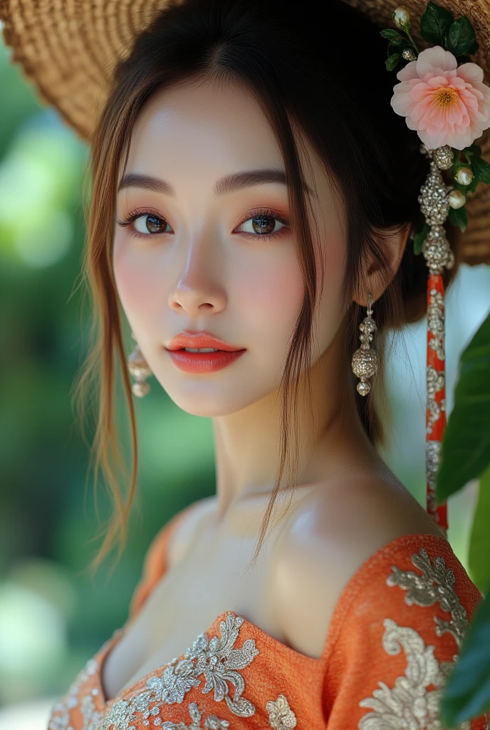 1girl, solo, thai traditional dress, detailed face, beautiful detailed eyes, beautiful detailed lips, extremely detailed eyes and face, long eyelashes, elegant pose, colorful dress with intricate patterns, flower crown, natural lighting, vibrant colors, photorealistic, 8k, hyper detailed, masterpiece, highly realistic, studio lighting