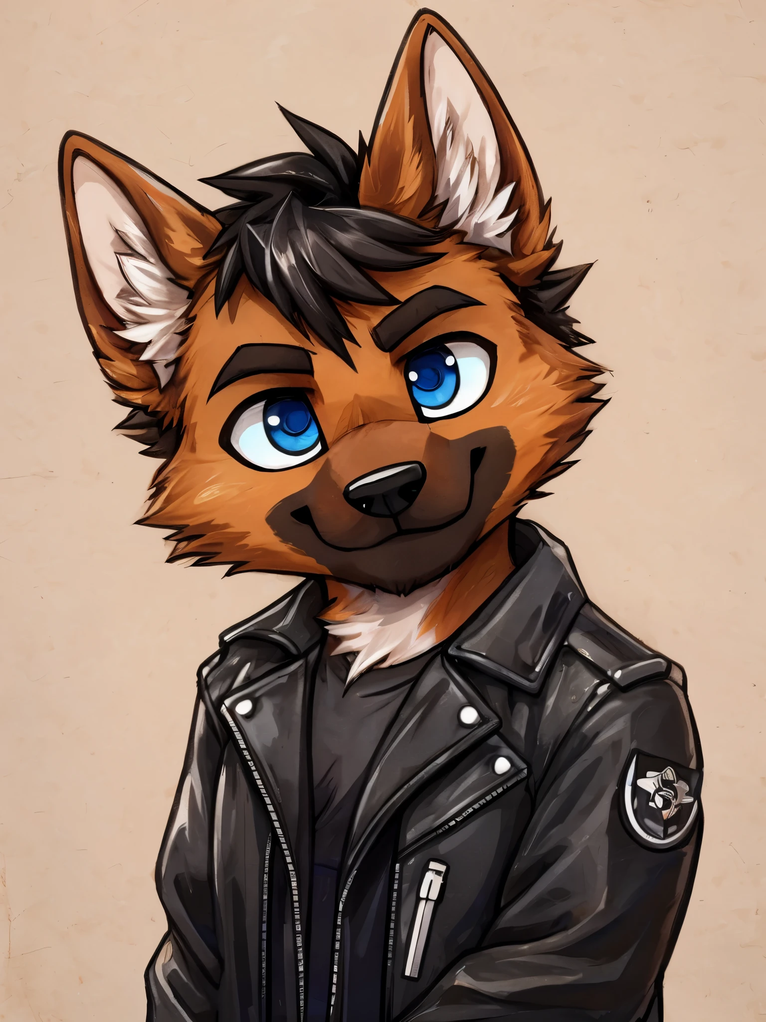 A medium close-up of an anthropomorphic, dark orangey brown, german shepherd, detailed, chibi style, short black hair, dark eyebrows, black motorcyclist jacket, chibi style, serious face, friendly, big black nose, closed smile, big blue eyes, standing up, looking down to you, closed smile, high quality furry art.