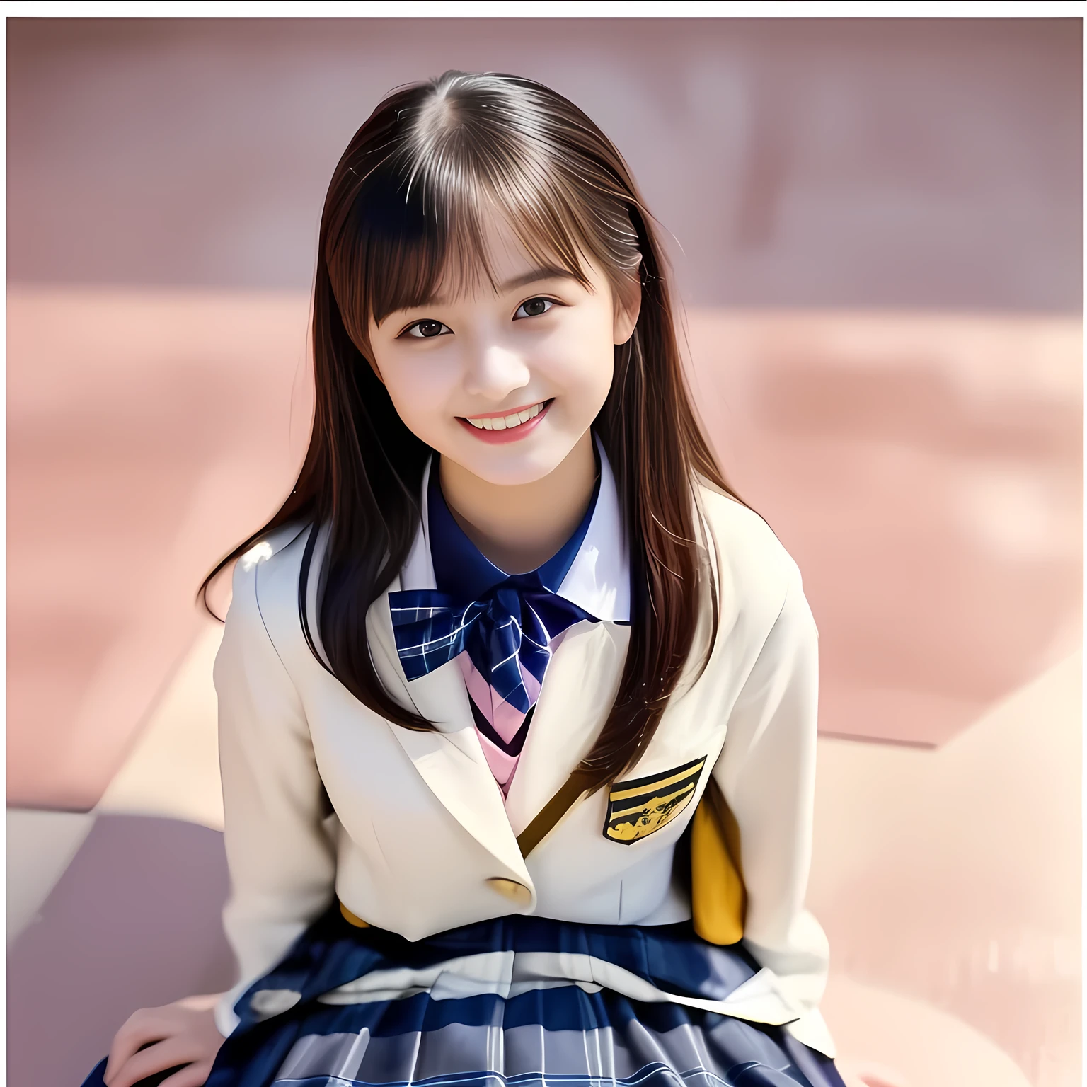 (Highest quality, masterpiece:1.2), Highest quality, High resolution, 1080P, 8k, height: 158cm, (Noble, Japanese **** mysterious hypnotist is seated on a pink flat floor and smiling directly at me in school uniform, Looking up at me deeply, Hypnotizing me: 1.8), looking me, well-grown breast and plump body, (well arranged, balanced, neat glossy straight very long hair), (Half-closed, Looking up to me, Very sleepy, Double-deep-eyelids, completely balanced, brown large large dreaming Japanese **** eyes with detailed beautifully: 1.6), (Glossy lips: 1.8), (high nose: 1.2), (Rich and long bottom-eye-slashes), (Drives me crazy for her navy-colored neat tartan checkered blue skirts and make me fall into her navy-colored plaid-print pleats skirt: 1.4), (Fine white face that looks like she has never been out of home: 1.6), (Navy colored school uniform blazer: 1.6), (Navy pleated plaid skirt: 1.5), (Plain-red school ribbon on the breast), (Complete plain pink background: 1.8), (Girl whom everyone loves because of her beauty and neat school fashion and noble manner and magic-charm of succubus: 1.7), full body shot, (jolly face expression), (evenly cut curled glossy rich beautiful bangs: 1.6), White light hitting my face, (Very very large, dreamy, Adorable eyes, Looking deeply at me: 1.5), 