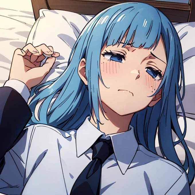 ((Miwa Kasumi 1.3)),Long legs,One Girl, Blue Hair, tie, Long Hair,black tie, blue eyes, shirt, Upper Body, bangs, jacket, white shirt, formal, collared shirt, suit, blunt bangs, School uniform,Yawn,(Blushed),(extremely detail),cute,((deep detail eyes:1.2)),(no pupils:1.1),(looking up:1.1),(Tilt your head:1.1),((Waking up:1.4)),((Sleepy face:1.3)),Drooling,((A confused face:1.3)),(sleepy:1.4),((Dazed face:1.3)),((Drunk eyes:1.4)),(Messy Hair:1.1),(((Dozing off:1.3)))