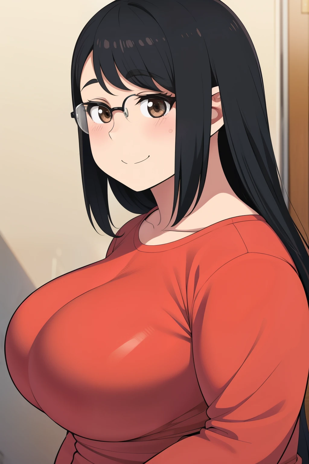 Chubby year 21 big breasts black hair brown eyes happy long disheveled hair smile blushing deredere glasses