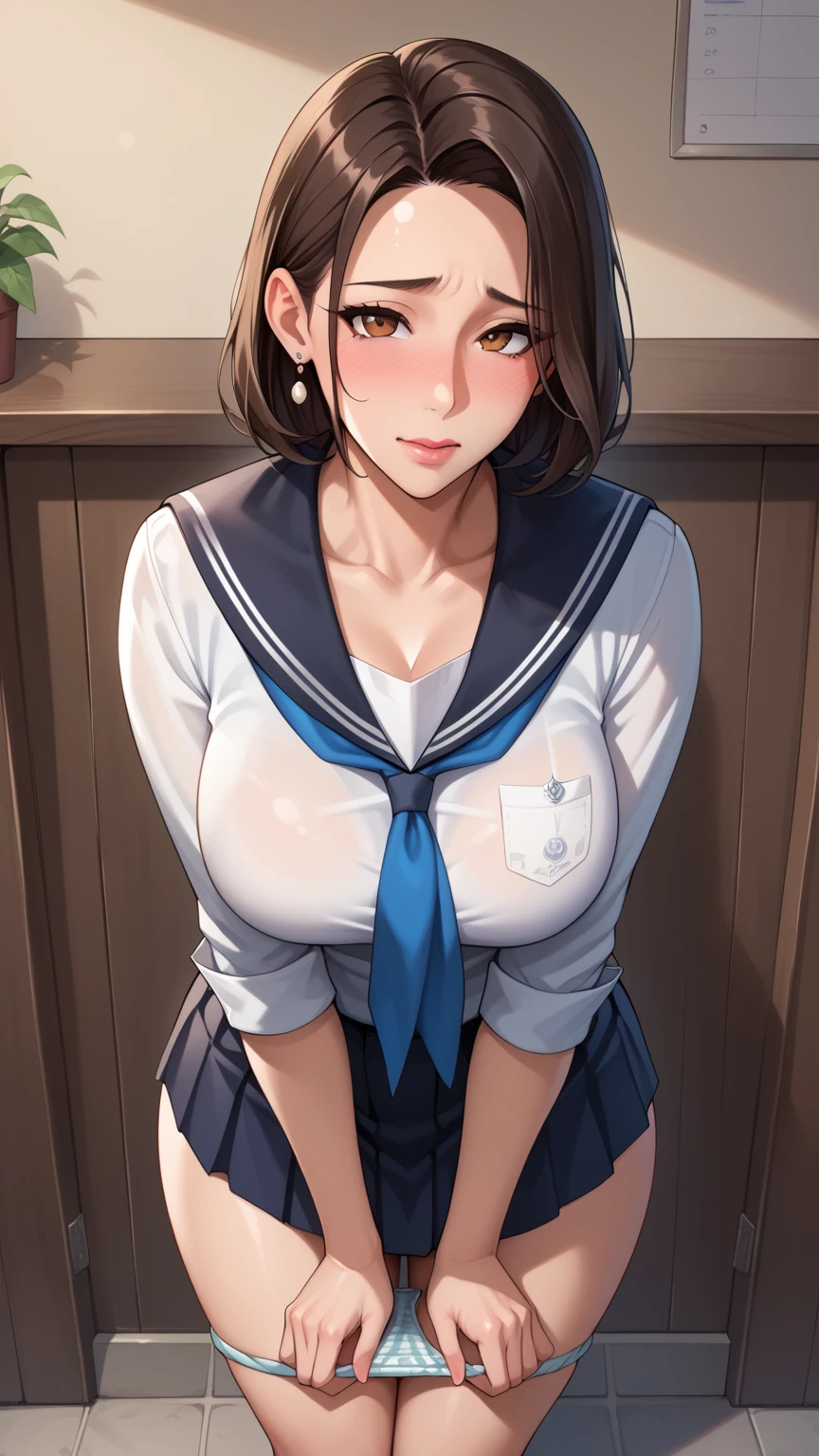 ((best quality)), ((masterpiece)), ((detailed)), (((perfect face))), (((slender 18yo teenage girl))), ((((medium breasts)))), ((((topless)))), ((((dark blue pleated skirt)))), ((dark brown hair)), ((short ponytail)), (((blue eyes))), ((shy:1.3)), ((blushing:1.5)), (((bare chest))), ((bare stomach)), ((bare shoulders)), (((bare arms))), (((walking))), ((((restaurant, windows)))), (((walking))), (((shy arms))), (((girl looking away))), (((open front door))), ((((detailed background))))