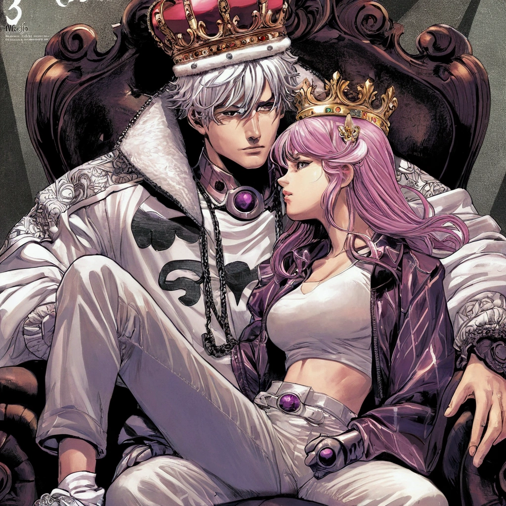 3D anime style image of a 25 year old boy, with a muscular and sexy body, with black hair and red eyes dressed in tight black knight's clothing sitting on a throne and sitting on it a young boy of 20 years old, slim but sexy body, with pink hair and yellow eyes wearing white Egyptian emperor clothes and sitting next to the throne on the ground