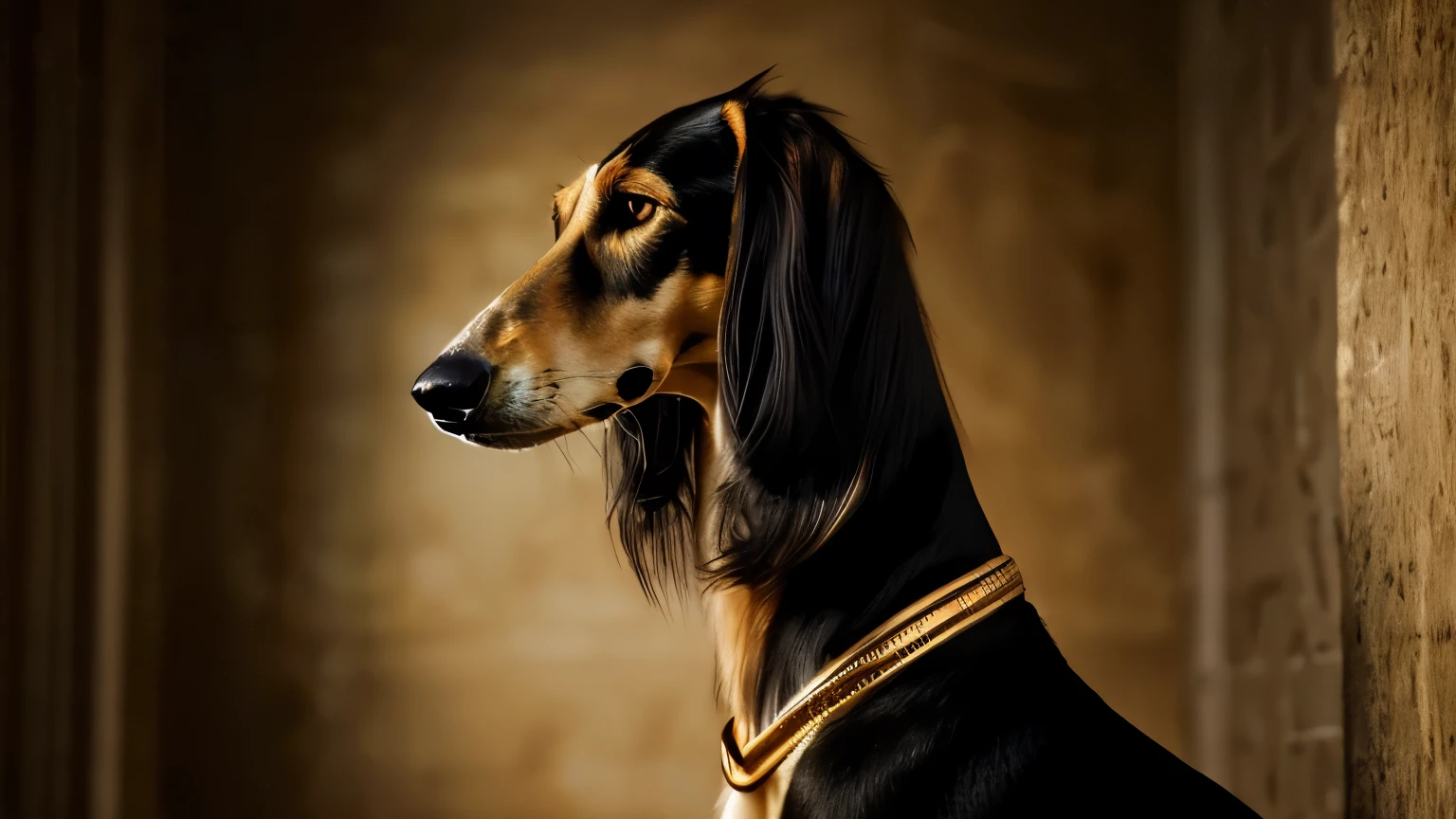 serious black and tan saluki, (epic, fantastic, dramatic lighting, art deco), (dramatic angle), perfect eyes, gold eyes, solo, dark background, blurred background, (masterpiece, best quality:1.2)