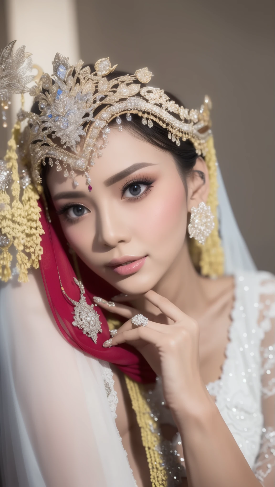 close up of beautiful woman, a sweet mouth, delicate lips, seductive lips, light on the face, dynamic pose, hide hands, pengantin_sunda. Ultra detailed, 8K, HDR, Octane Render, Redshift, Unreal Engine 5. Professionally color graded, atmosphere, amazing depth, rich colors, powerful imagery, psychedelic overtones, 4K, 8K.