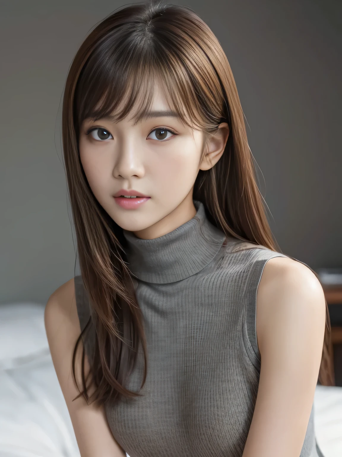 masterpiece, best quality, ultra-detailed, intricately detailed hyperdetailed, realistic, sharp features, highly detailed, sharp focus, Realistic, Photorealistic:1.3, (:1.5), perfect face, perfect symmetrically eyes, perfect full lips, hyper detailed, hyper realistic, high resolution, beautiful young korean woman in a gray top sitting on a bed, beautiful korean woman, korean girl, gorgeous young korean woman, KARINA of aespa, brown hair, Stylish, model poses, Beautiful Face, light brown hair, asymmetrical bangs, (looking at viewer), cinematic lighting, grey background, (Wear a sleeveless turtleneck halterneck sweater:1.2), 