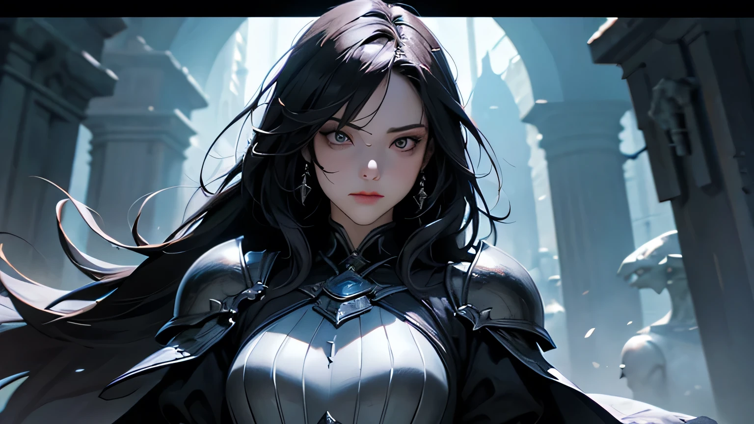 A female warrior with long black hair and black armor.、 beautiful woman、fight