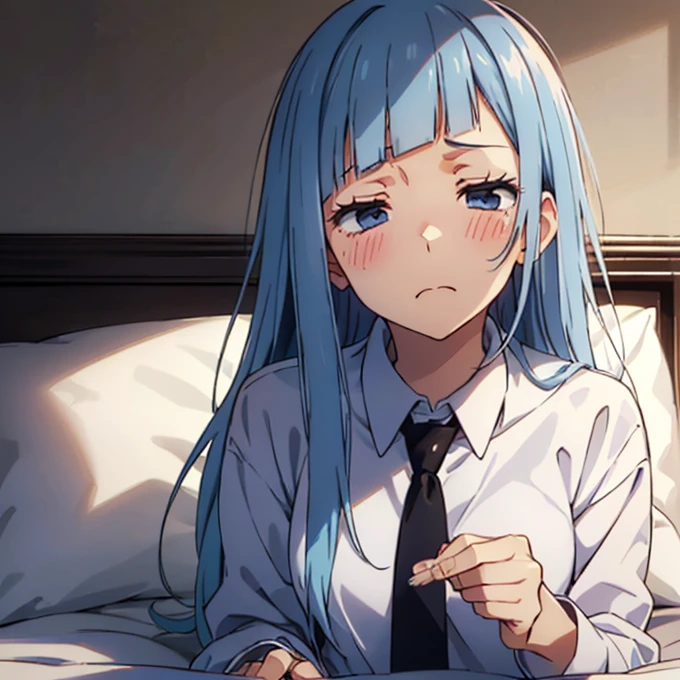 ((Miwa Kasumi 1.3)),Long legs,One Girl, Blue Hair, tie, Long Hair,black tie, blue eyes, shirt, Upper Body, bangs, jacket, white shirt, formal, collared shirt, suit, blunt bangs, School uniform,Yawn,(Blushed),(extremely detail),cute,((deep detail eyes:1.2)),(no pupils:1.1),(looking up:1.1),(Tilt your head:1.1),((Waking up:1.3)),((Sleepy face:1.2)),Drooling,((A confused face:1.3)),(sleepy:1.3),((Dazed face:1.3)),((Drunk eyes:1.2)),(Messy Hair:1.3),(((Dozing off:1.3)))